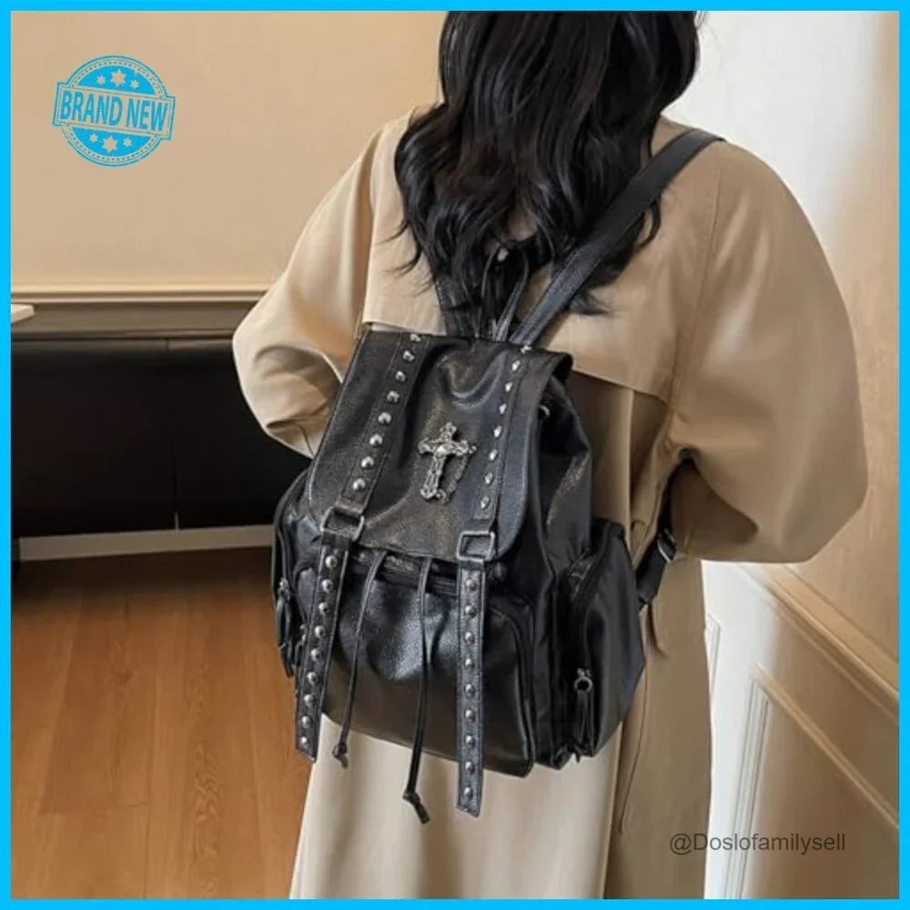 Studded Backpack Y2K Punk Goth Daypack Adjustable Straps Faux Leather Edgy Style
